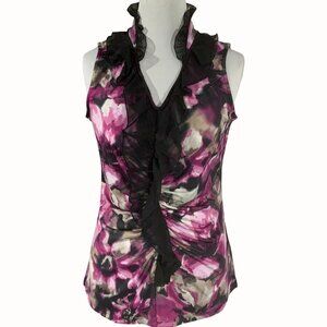 Zac & Rachel Pink Black Floral Sleeveless Blouse Ruffled V-Neck Stretch Medium